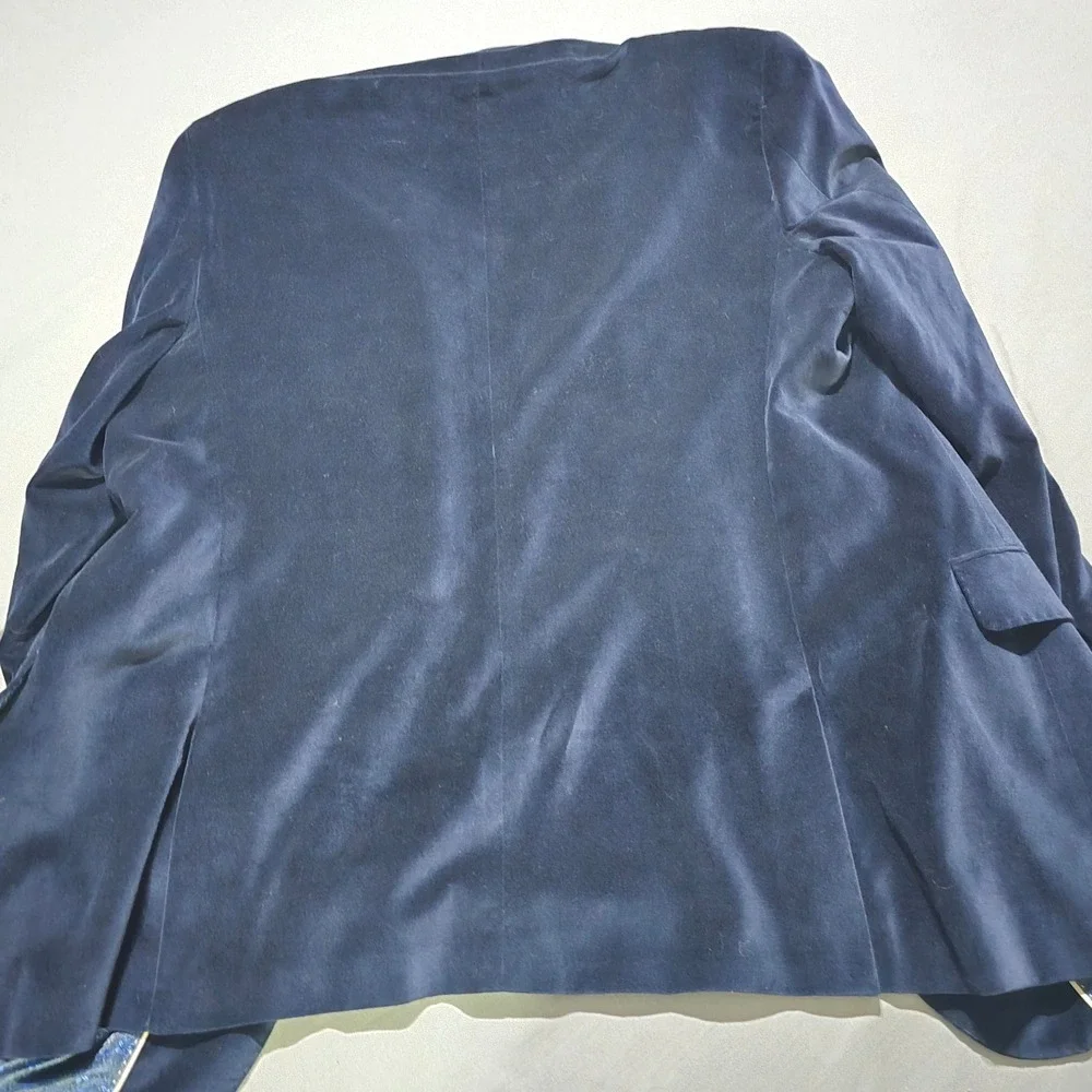 Linea Uomo Velvet Blazer Mens 46L Navy Blue Two Button Floral Lining Long Jacket